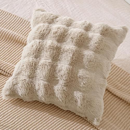 AmHoo Pack of 2 Throw Pillow Covers 3D Dense Faux Rabbit Fur Cozy Super Soft Fuzzy Set Case Cushion for Couch Sofa Bedroom 18 x 18-Inch Oatmeal thumbnail 4