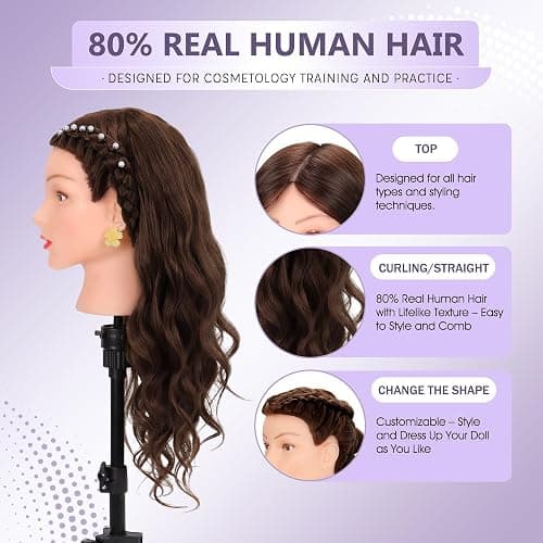 Mannequin Head Human Hair 80% Real Hair Cosmetology Mannequin Head for Braiding Styling Cutting 26-28” Doll Head with Clamp Tools (Brown) thumbnail 2