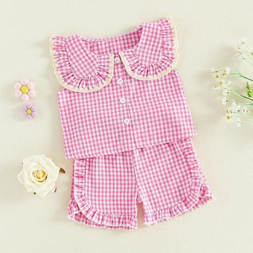 Barbotimer ​Baby Girl Clothes Summer Vintage Gingham Outfit Doll Collar Button Down Sleeveless Tank Shirt Ruffle Shorts Cute 2Pcs Toddler Kid Spring Summer Clothing Set thumbnail 6