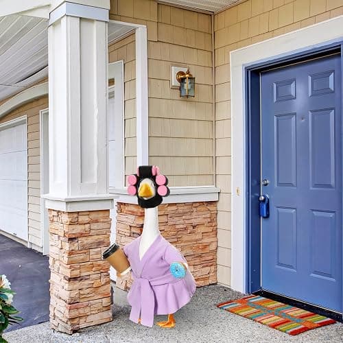 Shyyween 23 Inch Porch Goose Summer Outfit Light Purple Goose Bathrobe Statue Clothes Coffee Cup Curlers for Cement Plastic Lawn Geese Outdoor Garden Yard Patio Decoration thumbnail 6