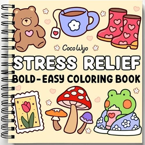 Stress Relief: Coloring Book for Adults and Kids, Bold and Easy, Simple and Big Designs for Relaxation Featuring Animals, Landscape, Flowers, Patterns, Cute Things And Many More (Bold & Easy Coloring) - Image 1