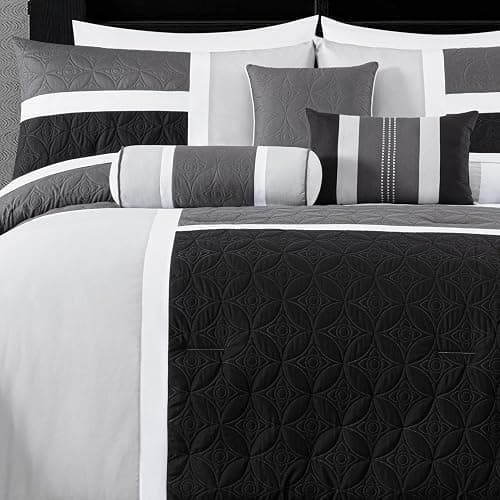 Chezmoi Collection Upland 7-Piece Quilted Patchwork Comforter Set, Black/Gray/Light Gray, King thumbnail 3
