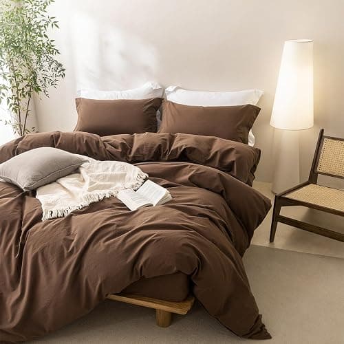 BDEAR Linen Feel Cocoa Brown Duvet Cover King Size 104'' W x 90'' L, Percale 100% Washed Cotton Duvet Cover with Zipper Closure Plus 2 Pillowcases, Oeko TEX Standard Certificated thumbnail 2