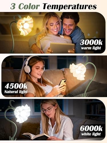 DSYHYL Clip on Light Flower Desk Lamp, LED Reading Light 3 Color Modes Eye-Caring Book Light Flexible Gooseneck Bedside Clip on Lamp for Desk Piano Office Bed Headboard Dorm (Green Lamp) thumbnail 2