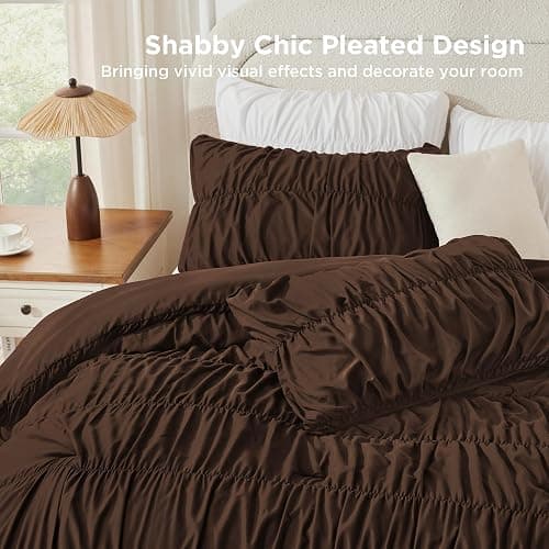 Andency Ruched Brown Full Size Comforter Sets, Shabby Chic Pleatd Bedding Sets 3 Pieces, Lightweight Soft Boho Ruffle Bed Set for Girls, Kids, Women, All Season thumbnail 4