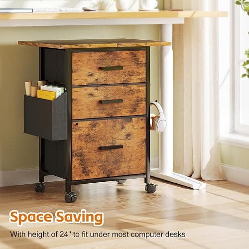 Mexin 3 Drawer File Cabinet with 24'' Extended Desktop, Mobile Filing Cabinet, Printer Stand, Rolling Printer Stand with Side Bag, Fabric Drawer, Fits A4 Size, Home Office,Rustic Brown thumbnail 8