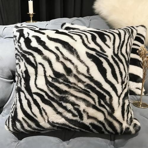 Entua Black White Square Pillow Cover Soft Fluffy Fuzzy Faux Fur Zebra Stripe Throw Pillows Modern Decorative Accent Cushion Covers Pillowcase for Couch Sofa Living Room Bedroom, 18x18 thumbnail 5