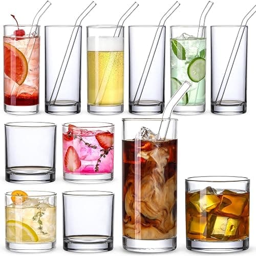 [ 12 Pack ] Glass Cups with Glass Straws, 12oz Highball & Rock Drinking Glasses, Everyday Drinkware Glasses Set, Cute Tumbler Cup, Kitchen Glasses for Iced Coffee, Water, Beer, Cocktail, Whiskey Gift. - Image 1