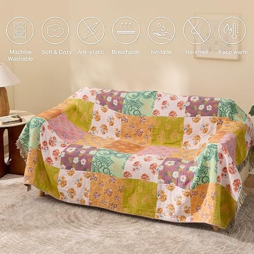 RILIHO 100% Cotton Boho Throw Blanket for Home Decor – Classic Farmhouse Quilt Bedding, Muslin Blankets for Adults, Vintage Woven Decorative Blanket for Couch, Bed Layering Use, Patchwork, 50"x60" thumbnail 4