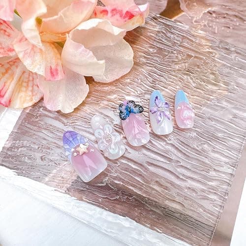 30Pcs Spring Butterfly Press on Nails Medium Almond Purple French Tip Fake Nails with Butterflies Rhinestones Cute Flower Acrylic Nails Spring False Nail Set Floral Full Cover Stick on Nails for Women thumbnail 5