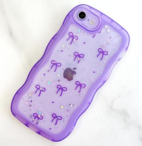 Qokey for iPhone SE(2020/2022) & 8/7 Case - Glitter Star & Curved Edge Handle Grip Design, Military-Grade Shockproof Clear TPU Cover, Sparkle Protection + Scratch-Resistant, Holographic Purple Bow thumbnail 8