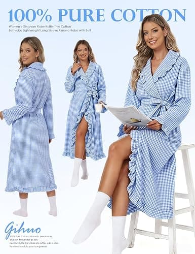 Gihuo Cotton Robes for Women Gingham Long Sleeve Ruffle Trim Bathrobe | Womens Robes Lightweight,Summer Robe,Plaid Bathrobe,Loungewear Sleepwear, Checkered Ruffle Housecoat thumbnail 7