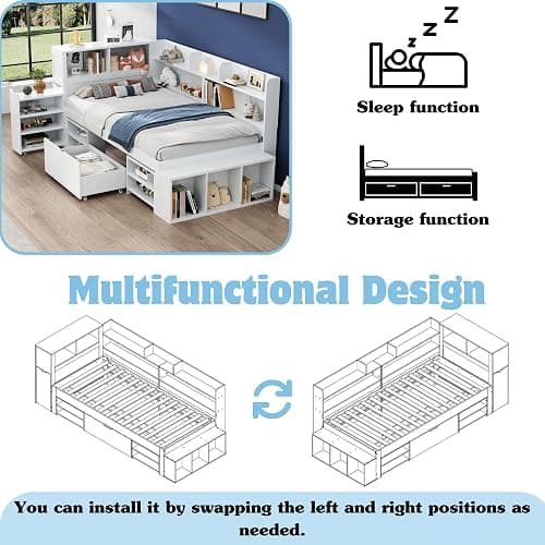 Merax Stylish Single Bed, 3FT Bed Frame with Drawers, Bookcase and Storage Cupboard, Multifunctional Wooden Single Bed Frame with Storage, Children's Bed, Slatted Frame, White, 90x190cm thumbnail 3