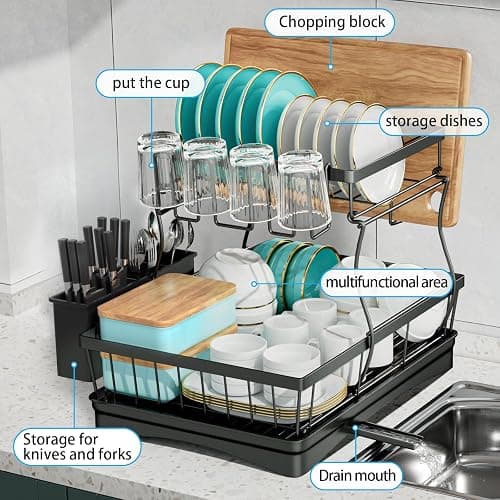 7 code Large Dish Drying Rack for Kitchen Counter, Detachable Large Capacity Dish Drainer Organizer, 2-Tier Dish Racks with Utensil Holder, Black thumbnail 5