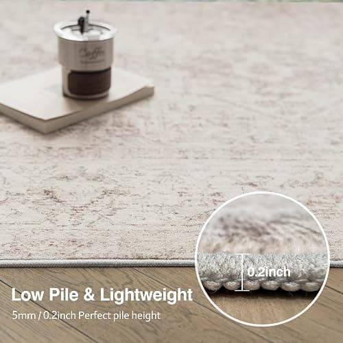FMFUNCTEX 4x6 Washable Area Rug Neutral Vintage Beige Distressed Non Slip Low Pile Traditional Indoor Carpet for Living Room Bedroom Soft Retro Mat Throw Rug for Dining Office Kitchen Dorm Entryway thumbnail 4
