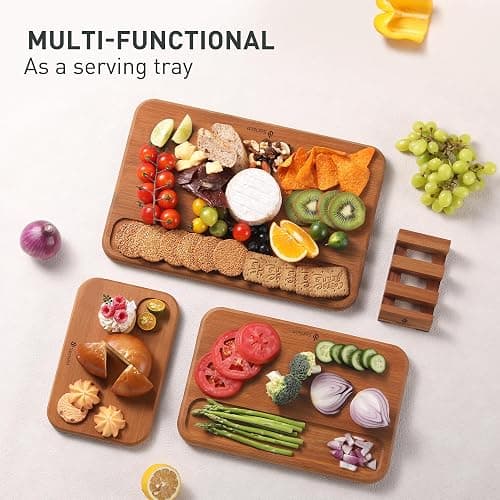 3 Packs Bamboo Cutting Board Set with Holder Nice Solid Thick Wood Deep Juice Groove & Built-in Handles Chopping Board Large Big Small Best Hardwood Kitchen Counter Organic Vegetable Meat BBQ Kit thumbnail 7