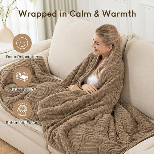Cottonblue Jacquard Weighted Blanket for Adults 15 lbs Queen Size, Cozy Fluffy Sherpa Fleece Weighted Throw Blankets 60" x 80" for Sleep Relax, Fuzzy Warm Arch Heavy Blanket Soft for Bed Couch, Khaki thumbnail 6