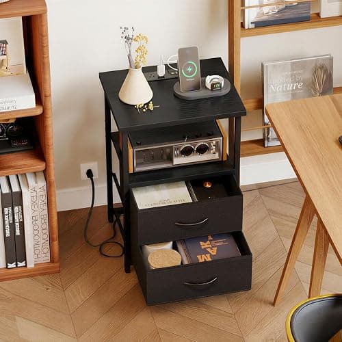 Fixwal Black Night Stand with Charger Station, Nightstand with Charging Station & Fabric Drawers thumbnail 7