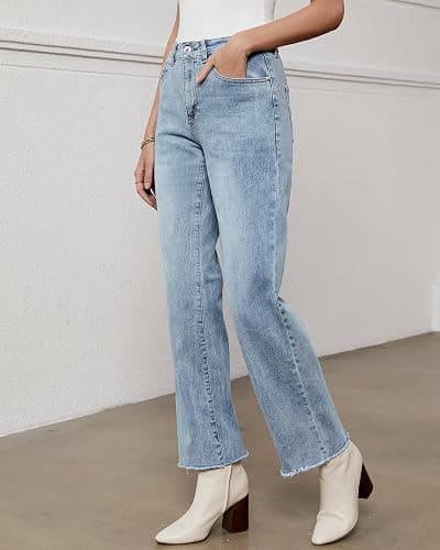GRAPENT Straight Leg Jeans for Women High Waisted Stretchy Frayed Raw Hem Loose Denim Pants Casual Baggy Jean Trousers thumbnail 2