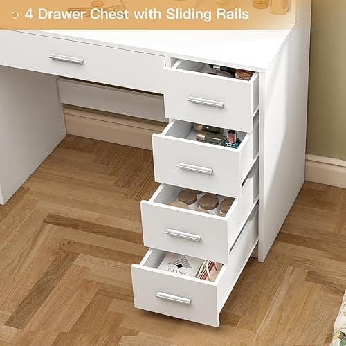 Quimoo Vanity Desk with Mirror & Lights, Makeup Vanity with 5 Drawers & Storage Shelves, White Vanity Table, 3 Color Modes & Adjustable Brightness, Dressing Table, Bedroom thumbnail 8