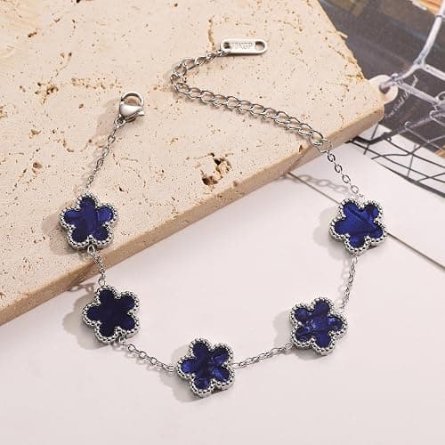 TICVSS Four Leaf Clover Bracelet for Women Platinum Plated Stainless Steel Lucky 4 Leaf Silver Chain Link Bracelet Jewelry Gift for Women thumbnail 3