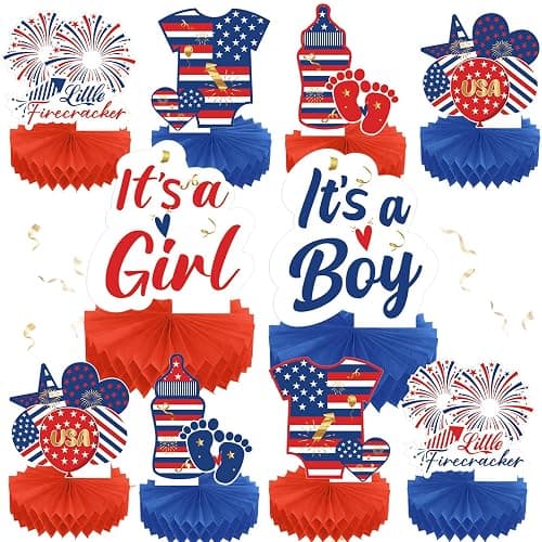 Humyoun 10 Pcs 4th of July Gender Reveal Decoration 250th Anniversary Gender Reveal Honeycomb Centerpiece Independence Day Little Firecracker Table Topper for Baby Shower Party(Independence Day) - Image 1