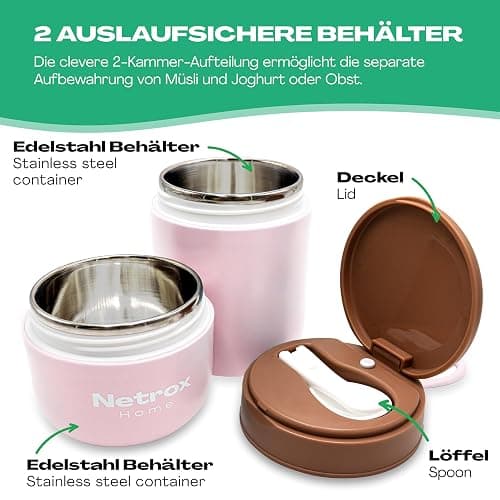 Netrox Müslibecher To Go mit Löffel, Joghurtbecher aus Edelstahl | Auslaufsicherer Lunchbox-Becher, To Go Becher für Müsli, Joghurt, Porridge, Suppen, Müsli To Go Becher für Kinder thumbnail 3