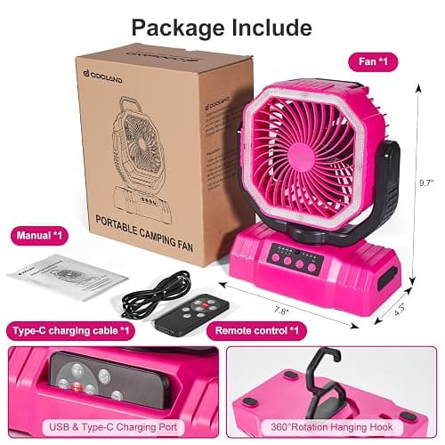 Odoland Portable Camping Fan with LED Lantern, 20000mAh Rechargeable Battery Powered Fan with Auto Oscillation, Timer, Remote, 360° Rotation Hook, 4 Speeds for Power Outage Travel Home, Pink thumbnail 6