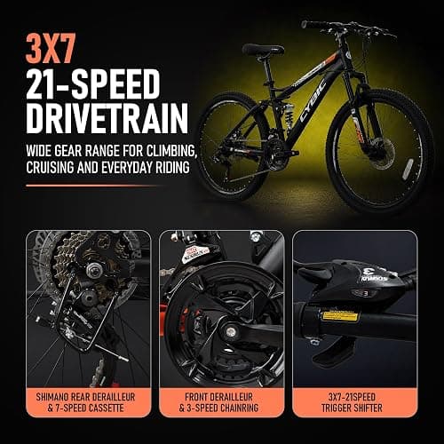 CYBIC 26" Full Suspension Mountain Bike for Adults 21 Speed Shimano | Dual suspension, dual disc brakes, steel frame. fits 5'3"-5'11" (13+), 265 lbs max thumbnail 4