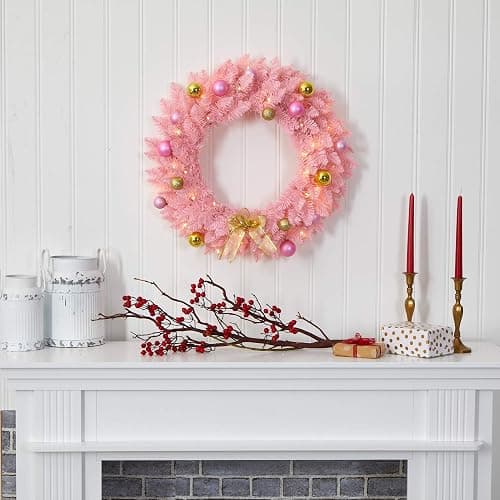 Nearly Natural 24in. Pink Artificial Christmas Wreath with 35 LED Lights and Ornaments thumbnail 2