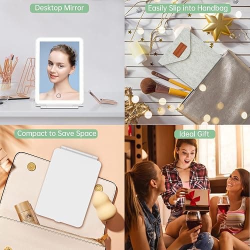 FUNTOUCH Rechargeable Travel Makeup Vanity Mirror with 72 LED Lights, Portable Lighted Beauty Mirror, 3 Lighting Modes, Dimmable Touch Screen, Tabletop Folding Cosmetic Mirror with Storage Bag thumbnail 7