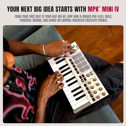 Akai Professional MPK Mini IV USB-C MIDI Keyboard Controller for Beginners and Producers - MPC Drum Pads, 360° Knobs, Pitch and Mod Wheels, Production Software, Native Instruments Sound Package, Grey thumbnail 2