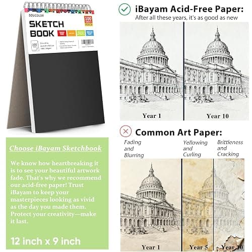 Soucolor Sketch Book, Spiral Bound Acid-Free Sketchbook with 68lb/100gsm for Paper Painting, Drawing, Writing, Artist Sketching Pad for Kids, Adults & Teens, 100 Sheets (Black, 9 x 12 Inch, Pack of 1) thumbnail 6