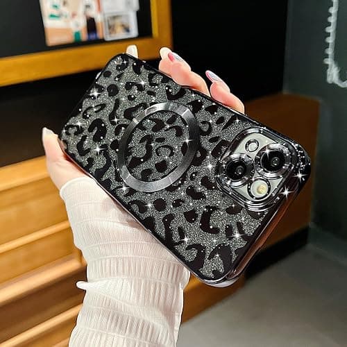 ZONRW for iPhone 14 Plus Case Magnetic,Soft Cute Luxury Leopard Cheetah Pattern Plating Glitter Bling Phone Case Compatible with MagSafe Clear Shockproof Back Cover for Women Girl 6.7"-Black thumbnail 3