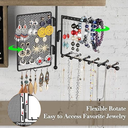 SOLIMINTR Hanging Jewelry Organizer Wall Mount Holder with Rustic Wood Shelf, Ring Display Box, Ear Studs Earring Holder, Rotating Necklace for Gothic Goth Accessories thumbnail 5