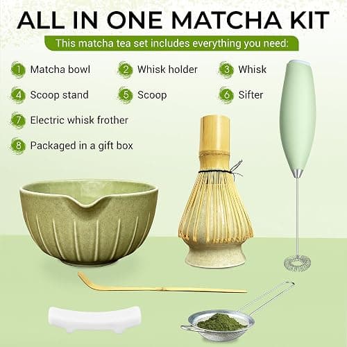 Matcha Whisk Set with Matcha Bowl - Matcha Set Included Electric Frother, Bamboo Whisk, Matcha Spoon, Bamboo Holder, Sifter, Spoon Stand (Mottled Green) thumbnail 2