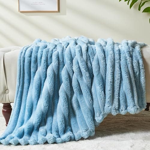NEWCOSPLAY Super Soft Throw Blanket Blue Premium Silky Flannel Fleece 3D Ribbed Jacquard Lightweight Bed Blanket All Season Use (Blue Ribbed, Throw(50"x60")) thumbnail 6