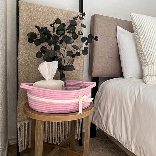 CHICVITA Pink Baby Girl Gift Basket, Small Woven Rope Basket, Rectangle Shelf Baskets for Bathroom, Cute Nursery Storage Baskets for Toys, Diapers, Towels, Snacks, 13 x 9.8 x 5 inches thumbnail 6