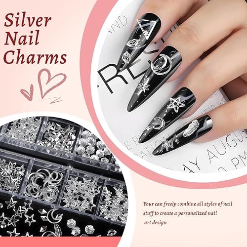 Silber Nagel Charms und Edelsteine Kit, 4 Boxen Nagel Edelsteine Silber Strass für Nägel, 3D Y2K Nagel Zubehör, Kreuz Charms für Nägel Design Stern, Kaviar Perlen für Nägel Kunst thumbnail 3