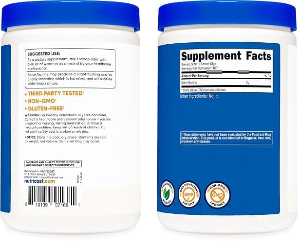 Nutricost Beta Alanine Powder 500 Grams (1.1lbs) - Pure Beta Alanine, Gluten Free & Non-GMO thumbnail 6