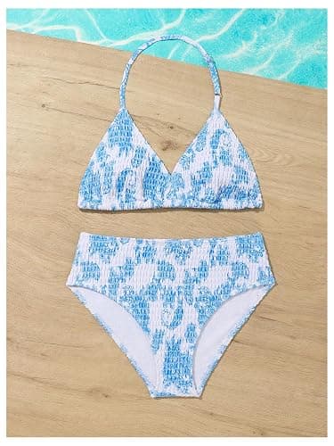 RoseSeek Girl's Tie Dye Smocked 2 Piece Swimwear Sets Backless Halter Bikini Cute Brief Bathing Suit thumbnail 5