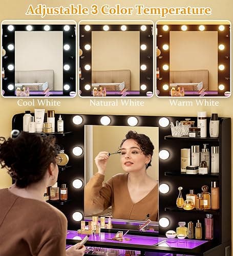 HUAHUU Vanity Desk, Makeup Vanity Desk with Mirror and Lights 3 Colors, Transparent Top with 3 RGB Drawers, 6 Shelves, 2 Large Tempered Cabinets, Power Outlet, for Bedroom, Black thumbnail 5