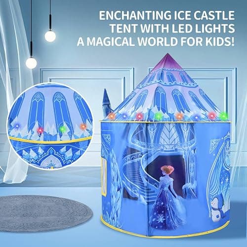Amplov Princess Pop Up Play Tent, Frozen Toys for Girls, Large 53" x 41" Indoor/Outdoor Ice Castle Playhouse with LED Lights and Carrying Bag, Ideal Gift for Ages 3-9 thumbnail 3