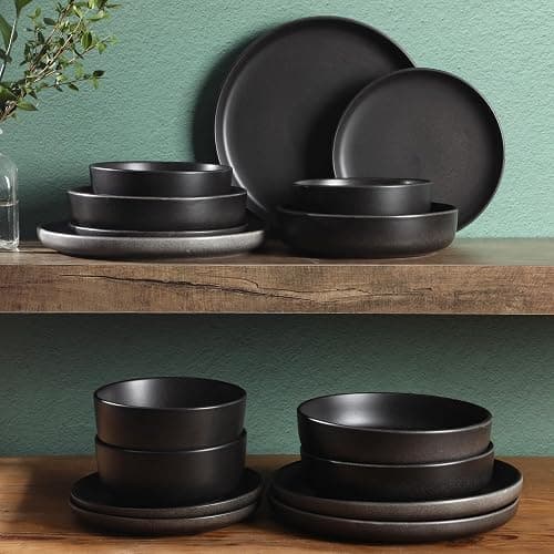 Gibson Elite Pasco 16 Piece (Service for 4) Plates and Bowls Double Bowl Reactive Glaze Dishes Stoneware Ceramic Dinnerware Set - Black thumbnail 2