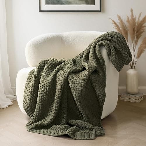 EVERGRACEHOME Chunky Chenille Knit Throw Blanket, 50 x 60, Olive Green | Sculpted Moss Stitch, Chic Modern Farmhouse, All-Season Warmth, OEKO-TEX® Certified, Elegant Blanket for Couch, Bed, Sofa - Image 1