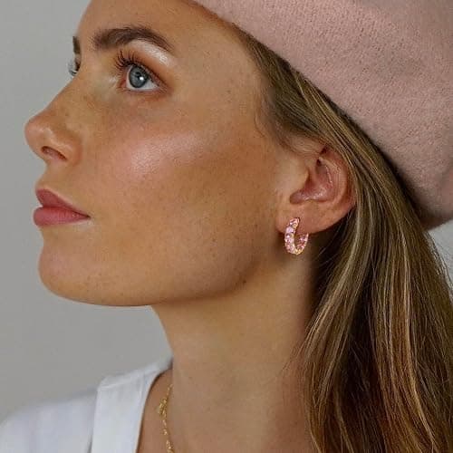 FSLEAD 14K Gold Plated Hoop Earrings for Women,Silver Huggie Earrings for Women Cubic Zirconia Small Earring CZ Inside-Outside Hoop Earrings Clear,Hot Pink,Black,Red,Green,Multicolored Earrings thumbnail 5