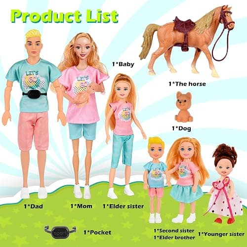 Family Dolls Set of 7 People Include Pregnant Mom Dad 4 Kids, a Small Baby in Mommy's Tummy,a Puppy Dog and a Little Horse, Doll Playsets and Accessories for 3-12 Years Old Toddlers Gift thumbnail 3
