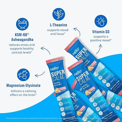 Nello Supercalm Powdered Drink Mix, Cortisol Reducer and Sleep Aid Supplement, L Theanine, Ksm-66 Ashwagandha, Magnesium Glycinate, Vitamin D 3, No Sugar, Non GMO, On The Go, 20 Ct, Raspberry Lemonade thumbnail 4