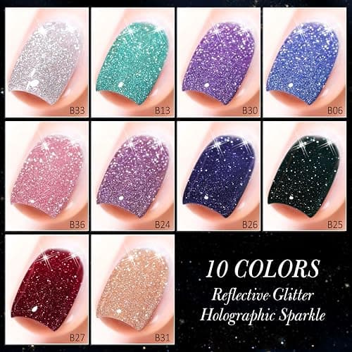 INPING Gel Nail Polish, 10 Colors Reflective Glitter Gel Polish Set, Navy Blue Black Gold Silver Purple Pink Sparkle Shiny Diamond Flash In Darknight UV Nail Varnish for Disco DJ Dazzling Nail Art thumbnail 3