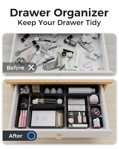BiuLeon 25 PCS Plastic Drawer Organizers Set, 4-Sizes Vanity and Makeup Organizer, Desk and bathroom Drawer Organizer Trays, Organizers and Storage for Makeup, Jewelry, Gadgets, Utensils (Black) thumbnail 5